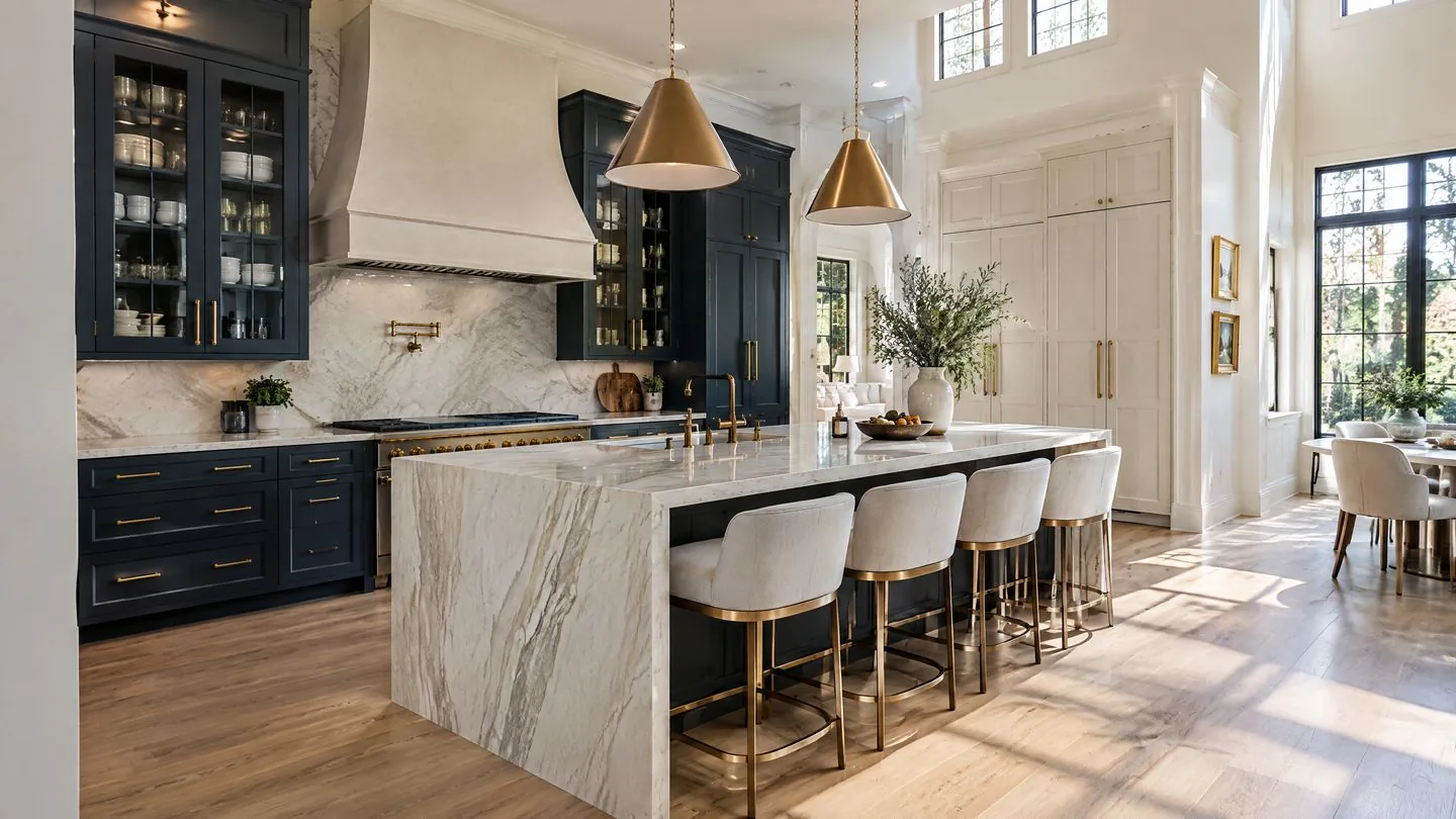 Illustrative finished kitchen with modern cabinetry and island